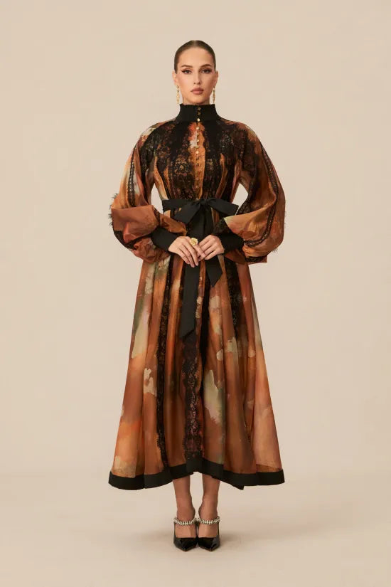 Vestido Midi de Encaje &amp; Estampado Abstracto