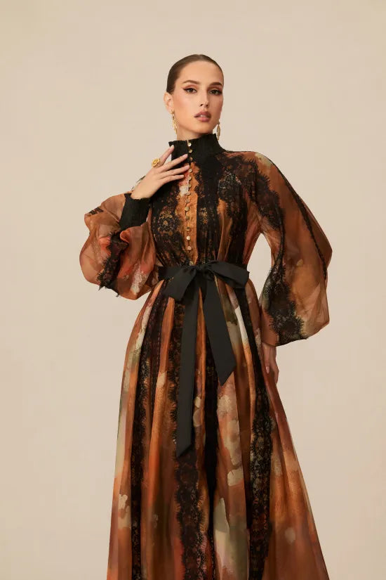 Vestido Midi de Encaje &amp; Estampado Abstracto