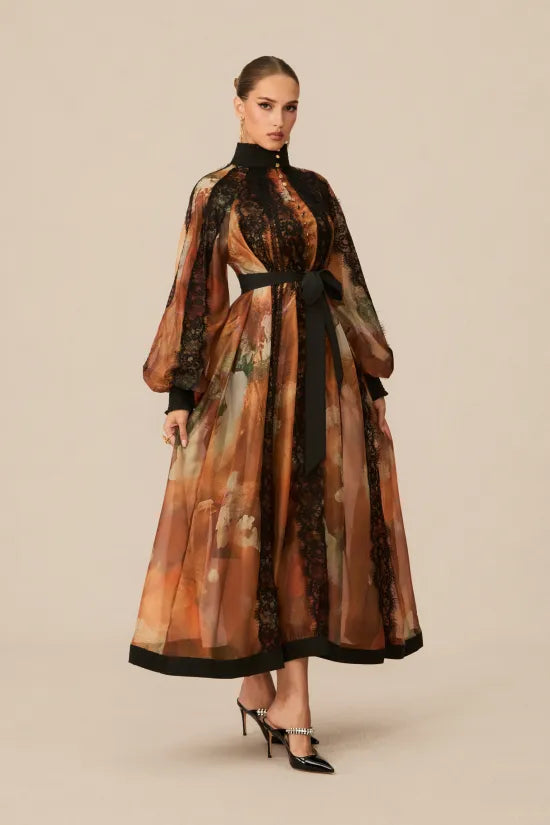 Vestido Midi de Encaje &amp; Estampado Abstracto