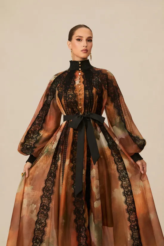 Vestido Midi de Encaje &amp; Estampado Abstracto