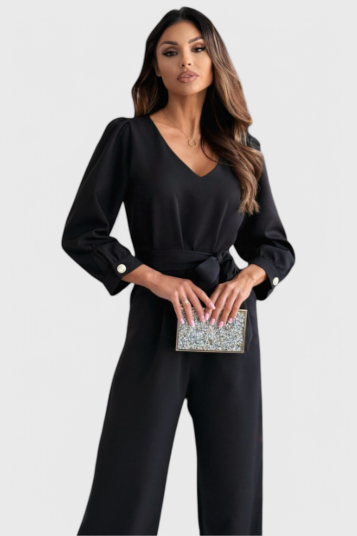 Ariane Mono de Pierna Ancha con Escote en V y Cintura con Lazo